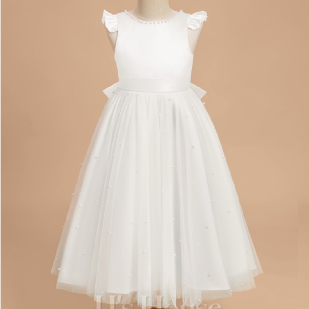 Ivory A-line Scoop Tea-Length Satin Flower Girl Dress With Sash and Beading